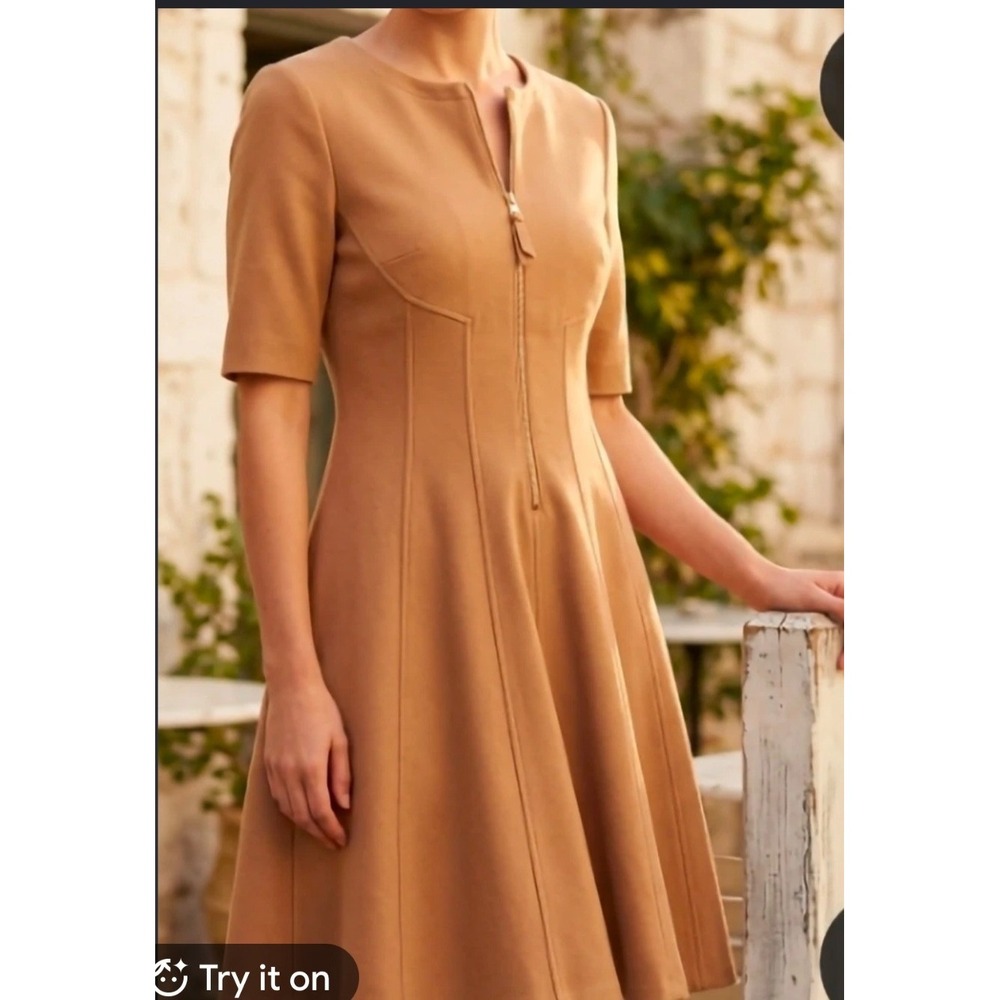 Maggy London Women 6 Camel Fit & Flare Zip Front Career Dress Professional Work